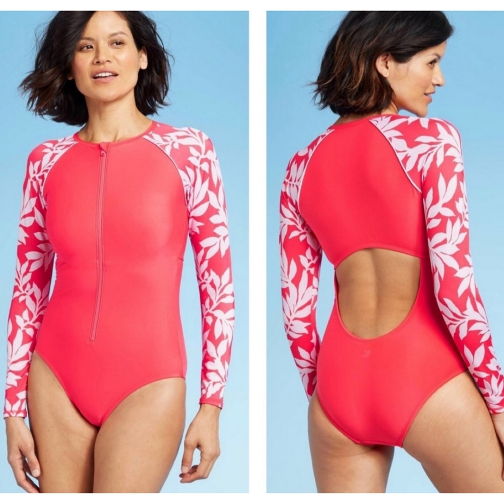 Aqua Tech Long Sleeve One Piece Rashguard Swimsuit Red Floral